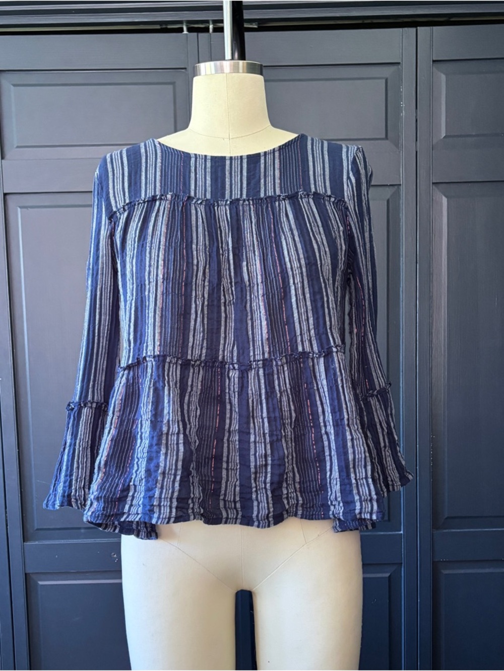 Blue Rain Navy and White Striped Tiered Peasant Blouse